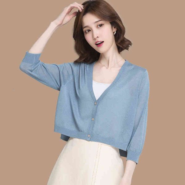 

women's polos ultra short ice silk knitted cardigan for women in spring and summer with thin small shawl solid color seven sleeve sunsc, White