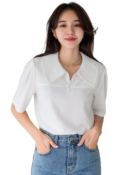 

dazy quarter zipper puff sleeve tee g8cl#, White