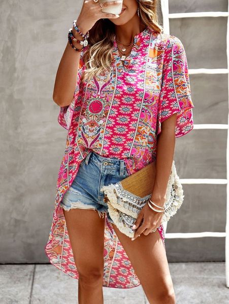 

allover print bell sleeve popover 27uj#, White