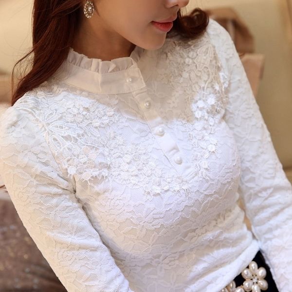 

women lace embroidery blouse feminine black lace primer long sleeves shirt plus size 3xl blouse y200422, White