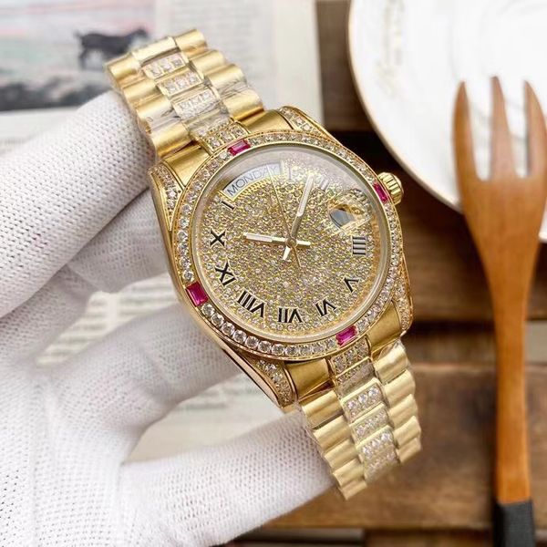 

yellow gold iced out diamond watch men 40mm daydate automatic mechanical sweeping popular brand 16233 sapphire glass, Slivery;brown