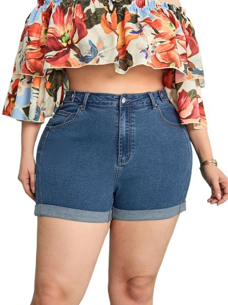 

plus slant pocket rolled hem denim shorts u2tc#, White;black