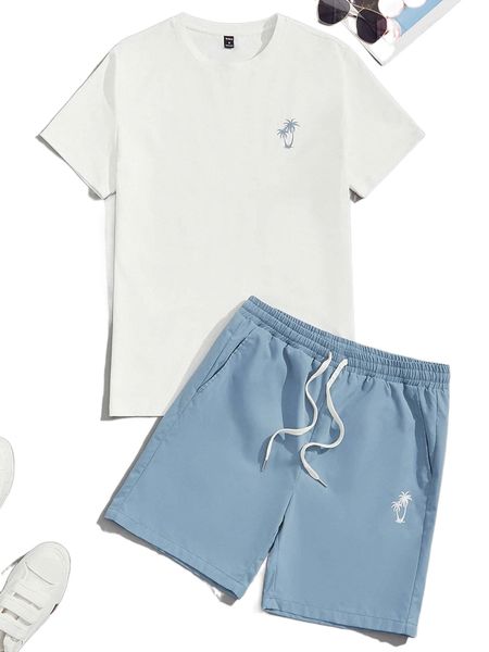 

men palm tree print tee & drawstring waist shorts 09em#, Gray