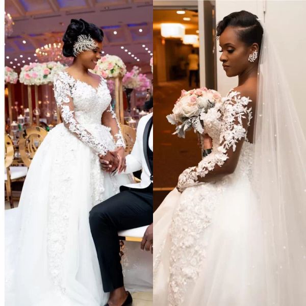 

2022 long sleeves wedding dresses bridal gown jewel sheer neck lace applique beaded sweep train custom made tulle beach plus size vestido de, White