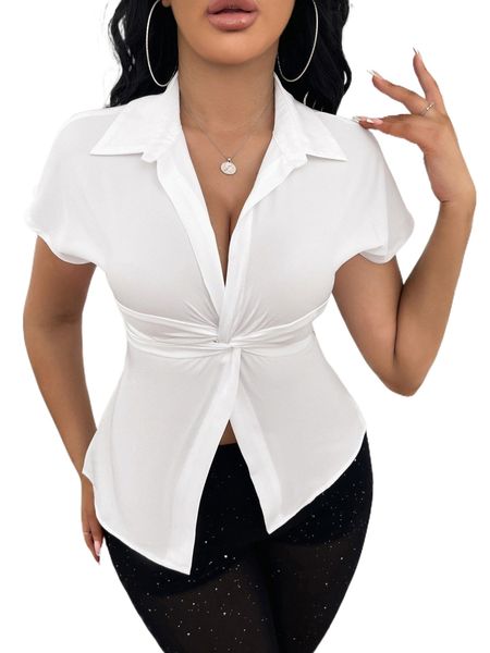 

sxy twist front shirred waist split hem blouse f8bs#, White