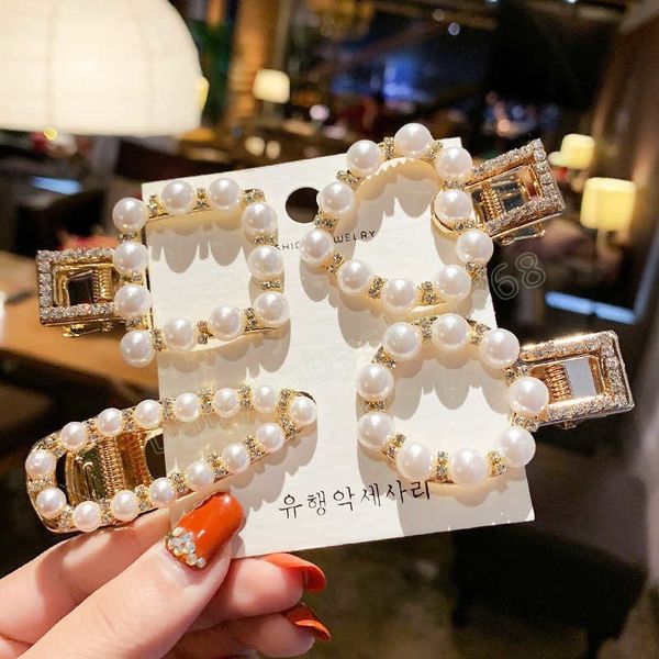 

korean vintage geometric pearl hair clips pins sweet crystal heart barrettes for women girls duckbill grip hair accessories, Slivery;white