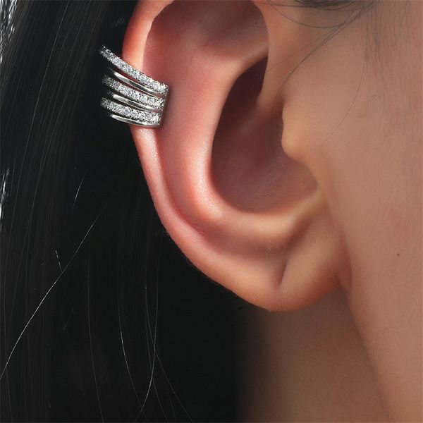 

6 layers c-shaped clips on earrings back women no hole hollow out row zircon cuff earring european female non piercing copper ear clip cuffs, Silver