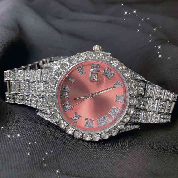 Fabbrica di qualità Alta Bling Quadrante viola Sier placcatura Hip Hop Busto giù Orologio da polso Brillante diamante Iced Out Baby Pink Women Quartz Watch1T13