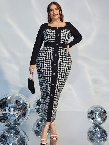 

plus houndstooth fake button slit back bodycon dress h5br#, Black