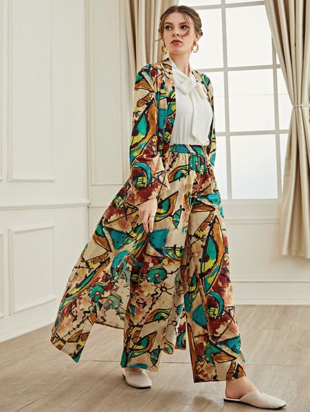 

graphic print longline coat & wide leg pants h7ux#, White