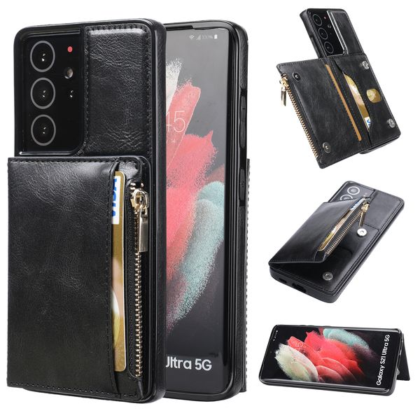 Casos de telefone à prova de choque para Samsung Galaxy S21 S20 Note20 Ultra Pure Color PU Couro Dual Fivela Stand Caso de proteção com bolsa de moeda com zíper e slots de cartão