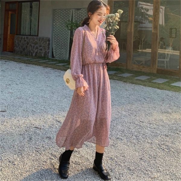 

women chiffon dress 2020 spring summer new fashion female long sleeve vintage print floral a line dress loose casual dresses lj200820, Black;gray