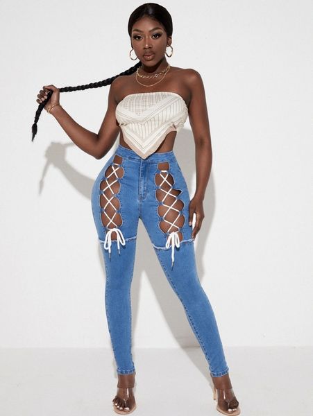 

sxy washed cutout lace up raw trim jeans m5bt#, Blue