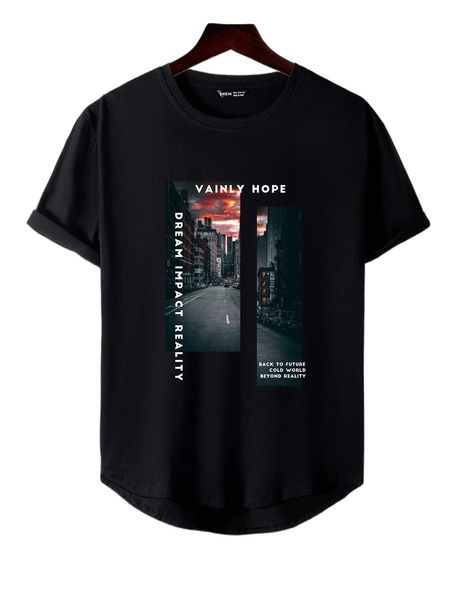 

men slogan & picture print high low hem tee l6dc#, White;black