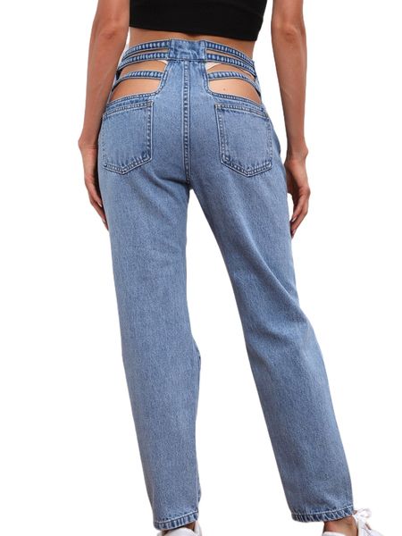 

high waist cut out back ripped mom fit jeans n2j9#, Blue