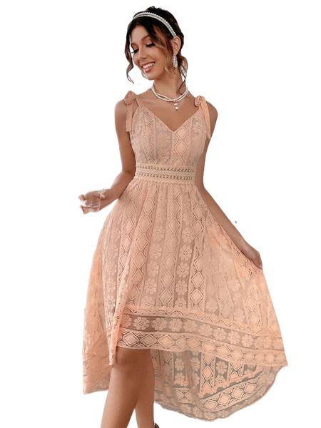 

lace tie shoulder high low dress 10uh#, Black;gray