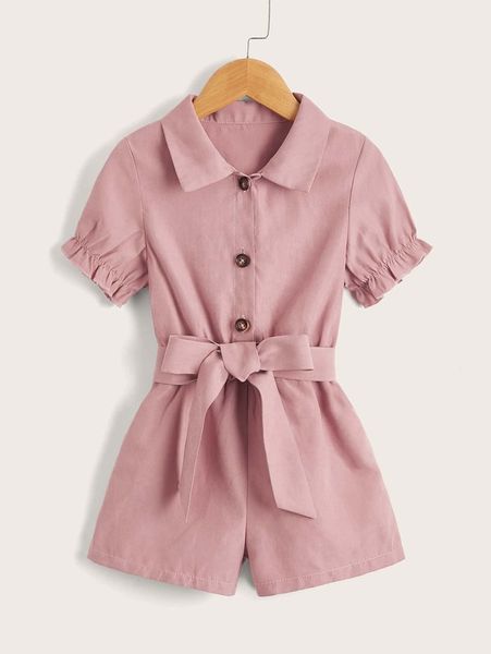 

toddler girls puff sleeve belted shirt romper she, Blue