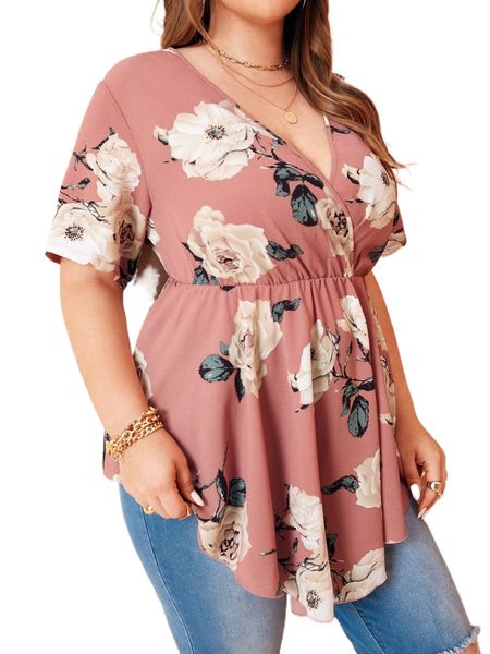 

plus floral print surplice front peplum blouse m49u#, Black