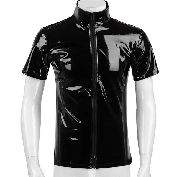 

bras sets mens glossy pvc leather short-sleeved shirt erotic shaping latex casual coat male shiny metallic patent sexi, Red;black