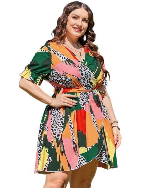 

plus geo & leopard print belted dress s6eb#, Black