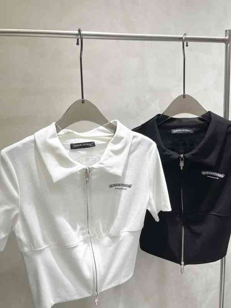 

factory online export designer brand short sleeves ch22 spring and summer new fashion cool horseshoe print double zipper slim sleeve t-shirt, White