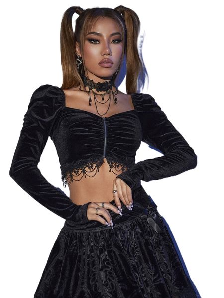 

zip up sweetheart neck lace trim velvet crop t5ft#, White