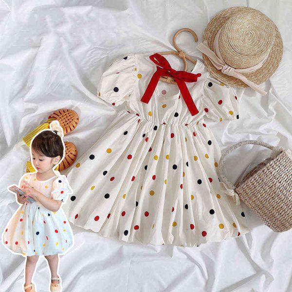 

2-8t polka dot print girls dress toddler kid baby girls clothes summer puff sleeve cotton dress elegant beach playa outfits g220518, Red;yellow