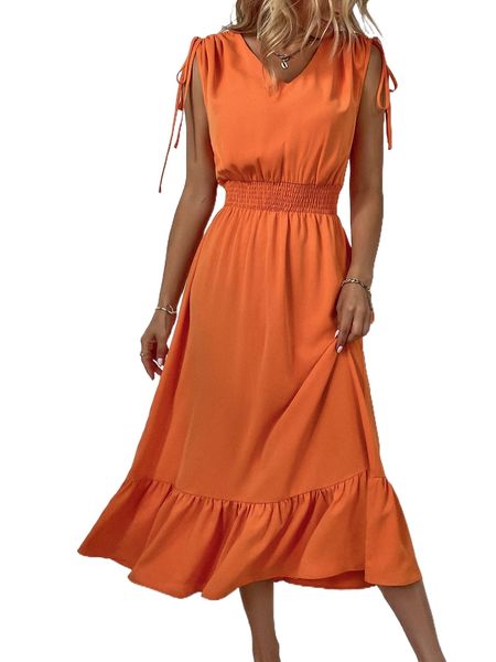 

drawstring shoulder shirred ruffle hem dress 96d1#, Black;gray