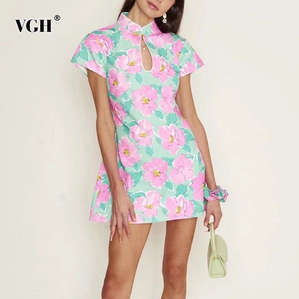 

vintage mini hollow out dress for women stand collar short sleeve high waist print floral summer dresses female fashion 210507, Black;gray