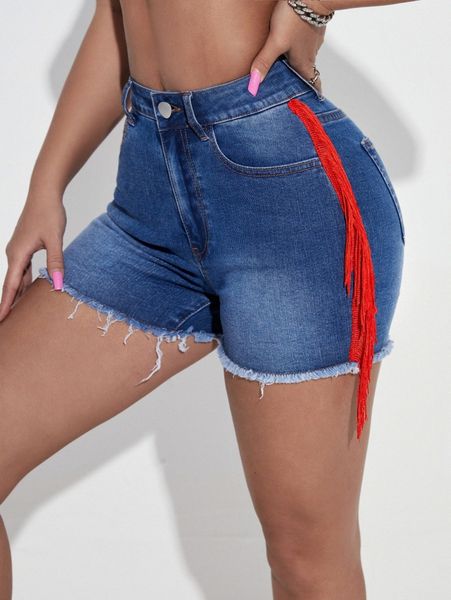 

sxy raw cut fringe trim denim shorts u967#, White;black
