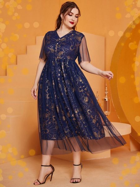 

plus gold floral print mesh dress c05y#, Black