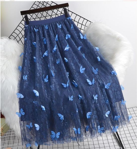 

mesh appliques butterfly long skirt wome clothes autumn elastic high wasit harajuku vintage office skirts female 2022, Black