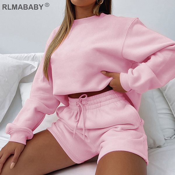 

autumn women casual sport long sleeve sweatshirts and high waist shorts 2 piece set tracksuit solid color lady outfits suit, Black;white