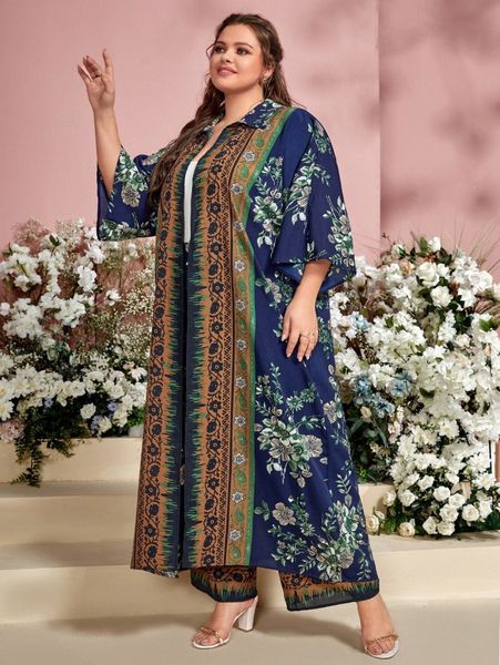 

plus floral print kimono & pants set m70x#, Black