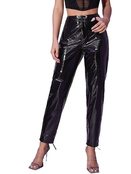 

solid buckled patent pants 081k#, Black;white