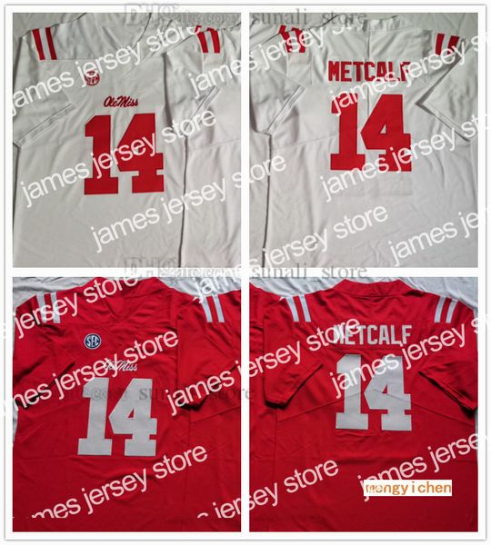 American College Football Wear Ole Miss Rebels NCAA College 14 DK Metcalf Jerseys Football Red White All Stitched