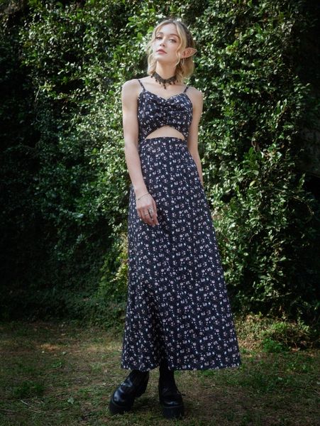 

romwe ditsy floral cut out cami dress n6ki#, Black;gray