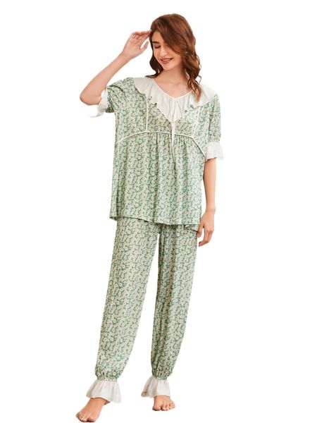 

ditsy floral puff sleeve tie front ruffle trim pj set x6v4#, Black;red