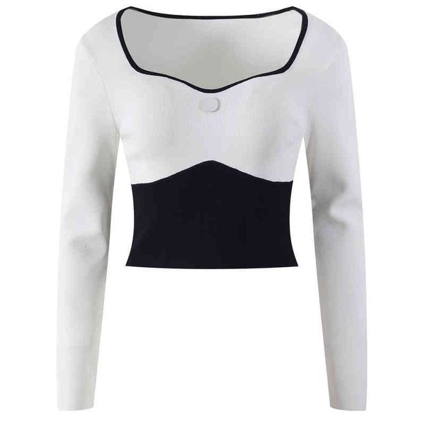 

women's knits tees square neck long sleeve inside with sweater women's wear early spring color contrast bonded chest short to outs, White