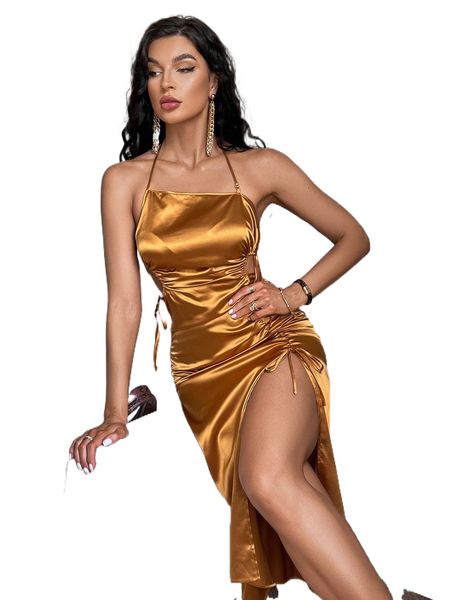 

backless cut out knot split thigh satin halter dress x5nc#, Black;gray