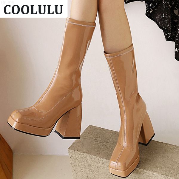 

coolulu square toe gogo boots block high heel patent leather mid calf boots platform high heel women chunky heel boots sexyt220718, Black