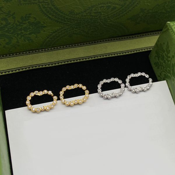 

glittering diamond charm earrings rhinestone double letters eardrops women date engagement party studs jewelry with gift box, Golden