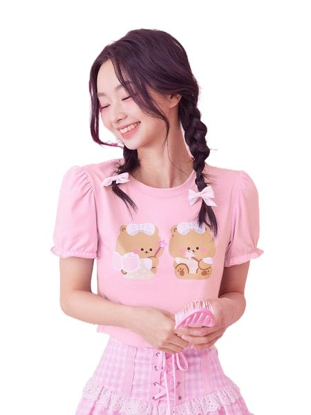 

romwe x cherriescharm kawaii cartoon graphic puff sleeve tee 68n1#, White