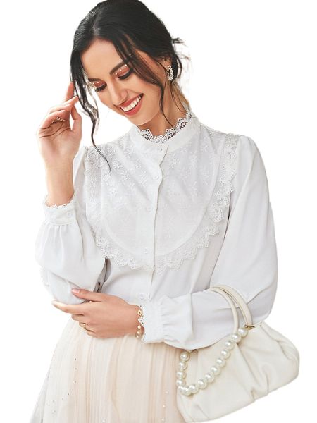 

guipure lace panel button front blouse x5ga#, White