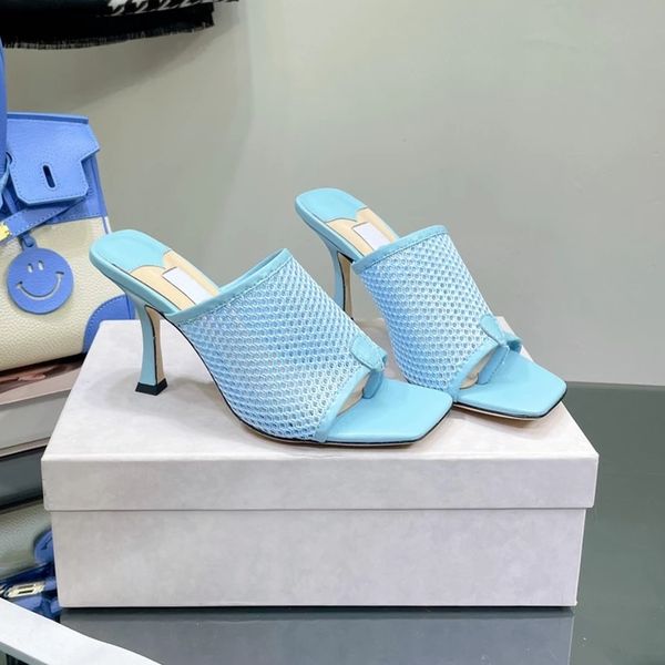 

summer designer mesh design ladies high heel slippers square toe stiletto high heel fashion party high heel slippers, Black