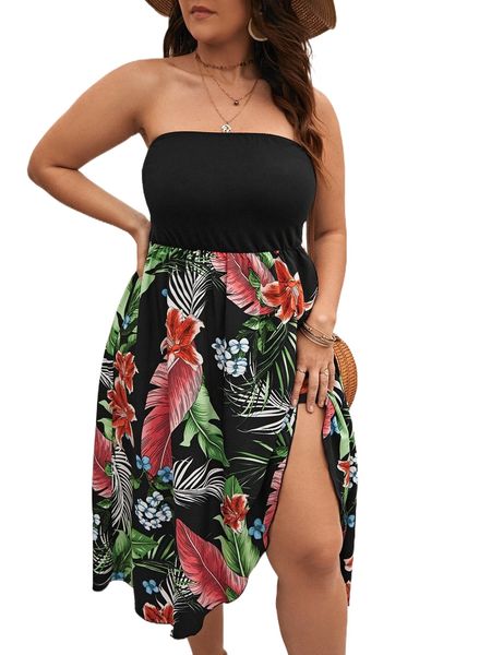 

plus tropical print split thigh tube dress 72vk#, Black