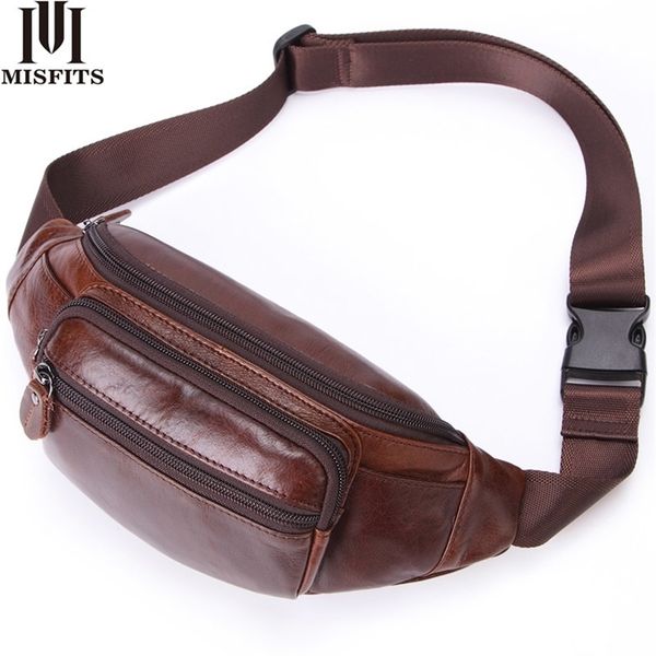 

misfits genuine leather waist packs mens belt bag casual fanny pack waist bag for cell phone travel male chest bags 201118