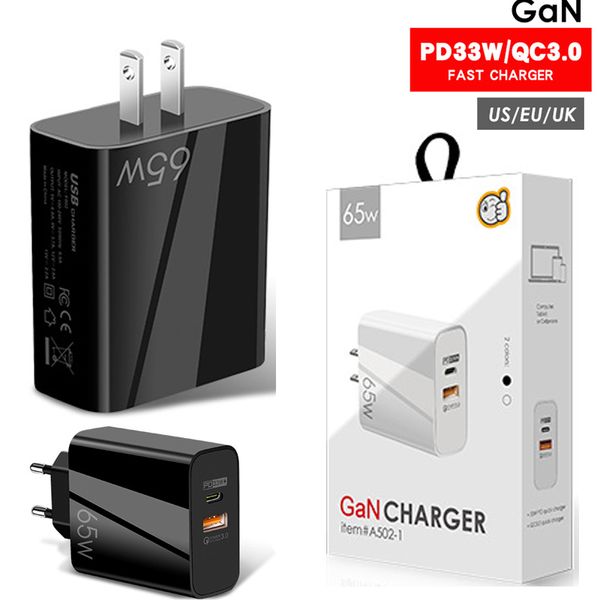 65W Quick PD Caricabatterie a ricarica rapida Caricabatterie per telefono da parete Type-c USB PD 33W + QC3.0 USB 32W Adattatore di alimentazione universale per cellulare IPHONE LG SAMSUNG Laptop con confezione al dettaglio