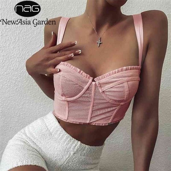 Asien Underwire Mesh Korsett Frauen Sexy Knochen Push Up Gepolsterte Crop Tops Sommer Rüschen Zurück Einreiher Bustier Rosa 210326