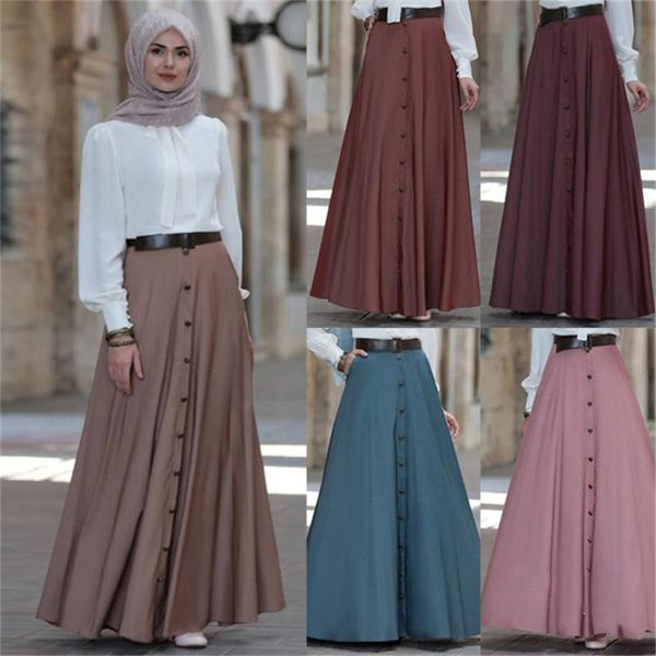 Abbigliamento etnico 2022 Gonna elegante musulmana Dubai islamica A-Line Pieghettato Mezzo vestito solido turco Vita alta Grandi bottoni a battente Abbigliamento da festa